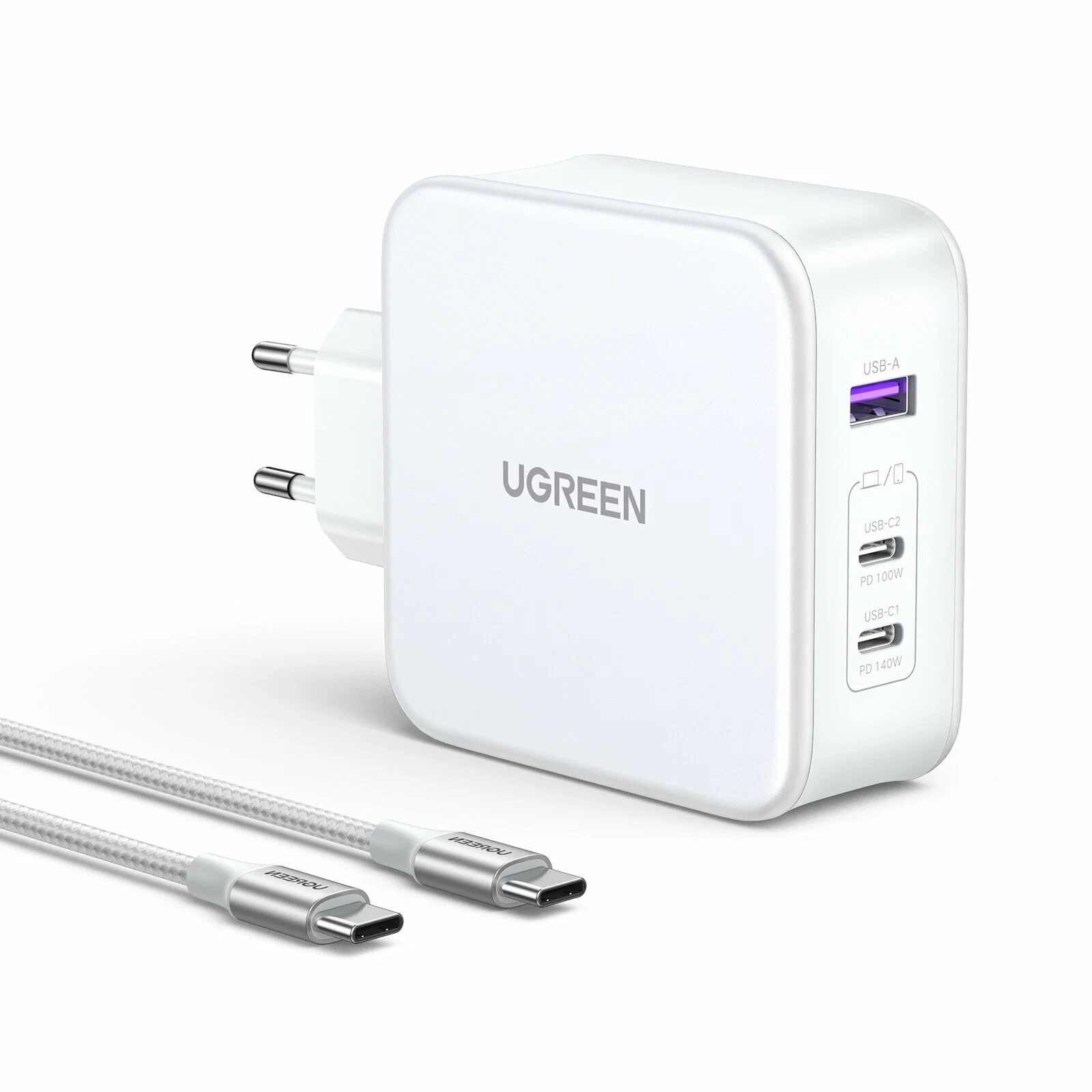 15339 Сетевое зарядное устройство UGREEN CD289 Nexode 140W USB-A+2*USB-C GaN с кабелем USB-C к USB-C. Длина кабеля: 2м. Цвет: белый