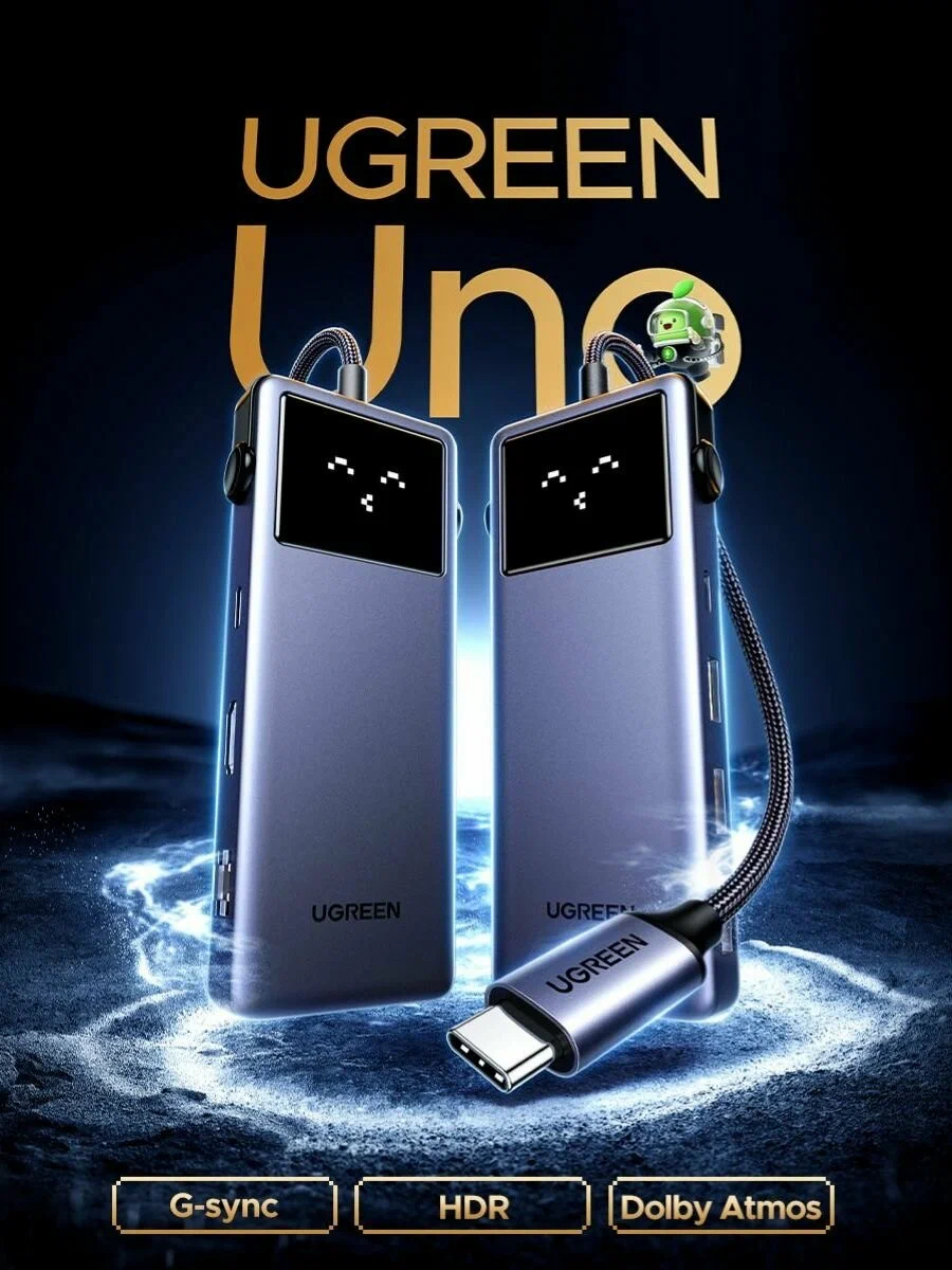 45155 Хаб UGREEN CM888 UNO 7-in-1 4K@60Hz USB-C+3*USB-A+Ethernet+PD 100W+HDMI Hub. Цвет: серый