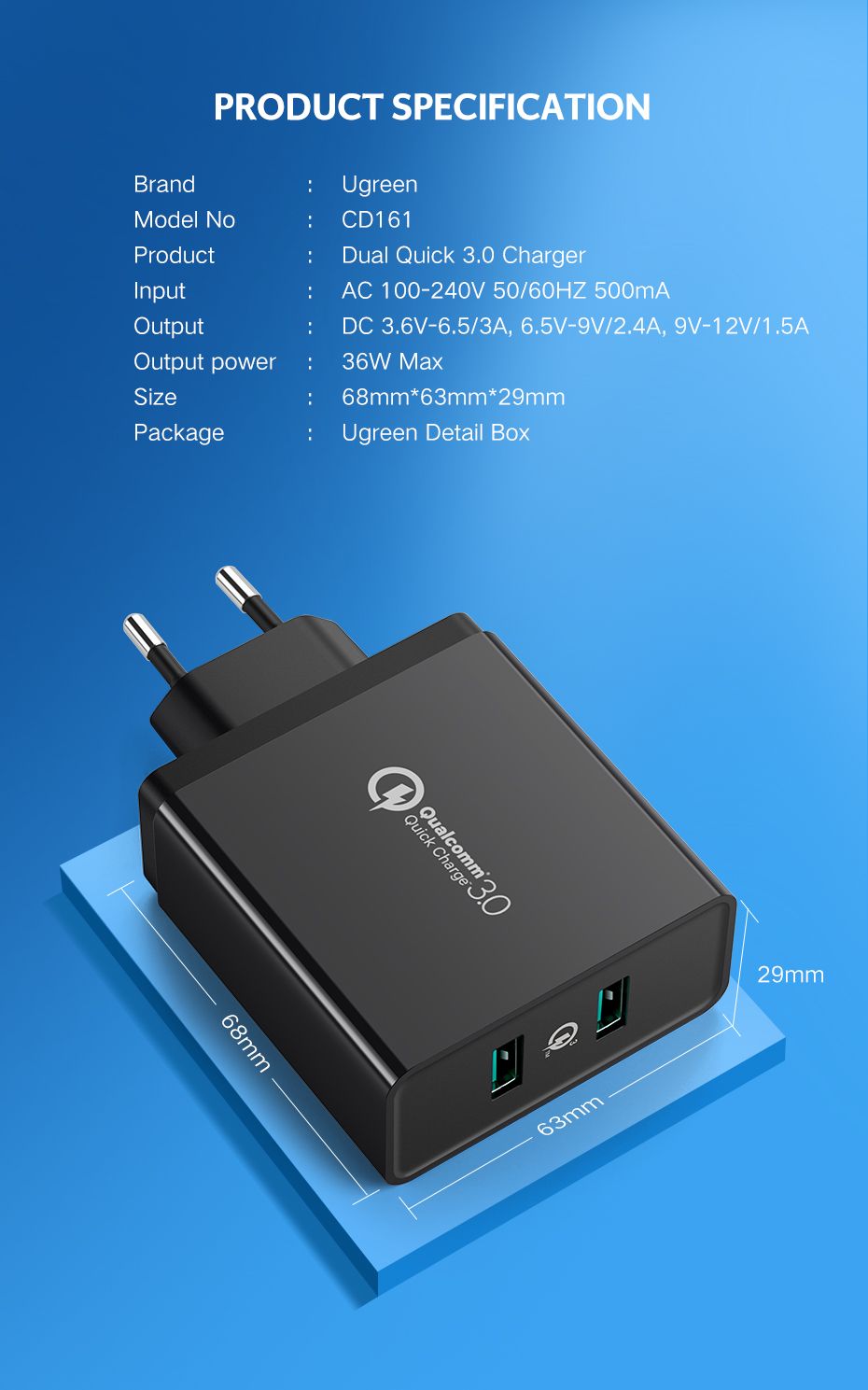 10216 UGREEN CD161 Зарядное устройство, 2порта USB, 36W, цвет: черный от prem.by 