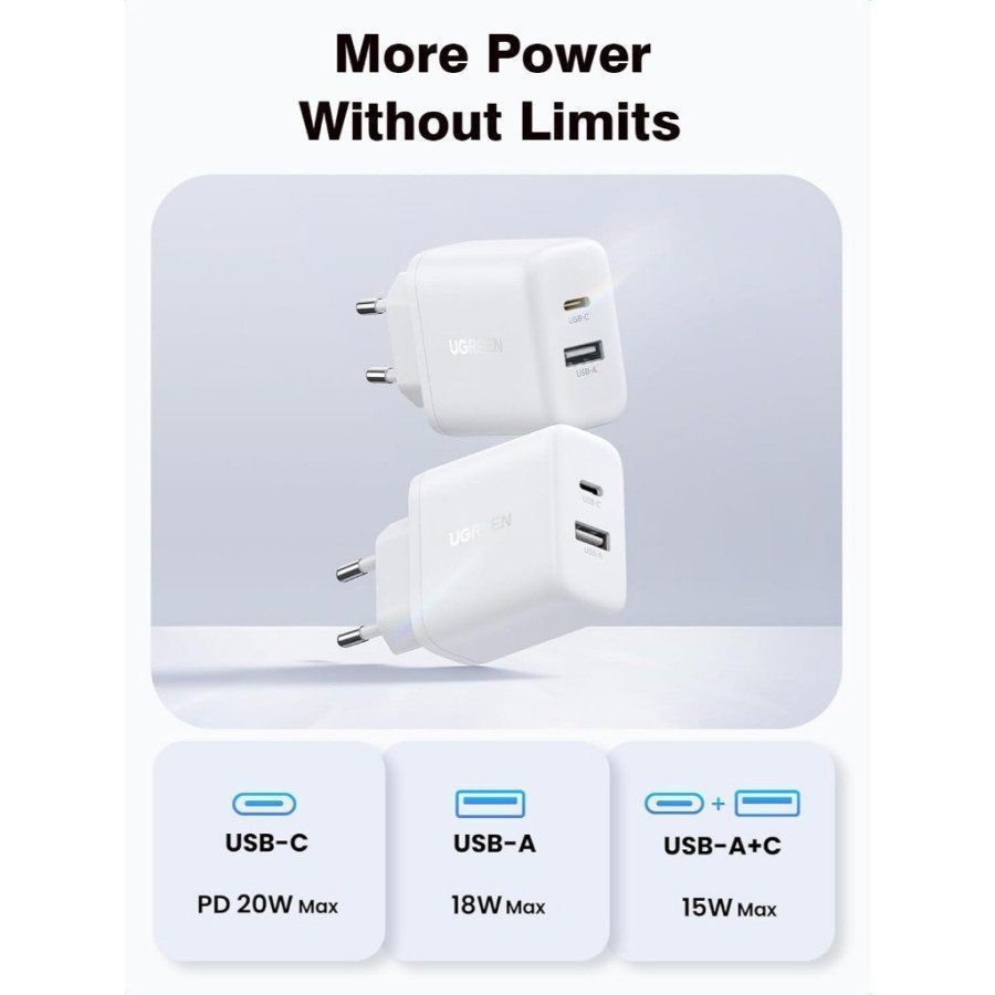 45310 Сетевое зарядное устройство UGREEN X227 20W USB-A+USB-C PD Charger EU. Цвет: белый