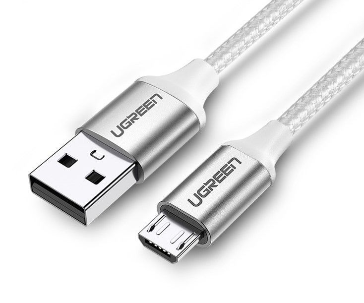 Кабель UGREEN US290 USB - Micro-USB, Aluminum case, оплетка, 2.4A, цвет - серебристый, длина - 1м