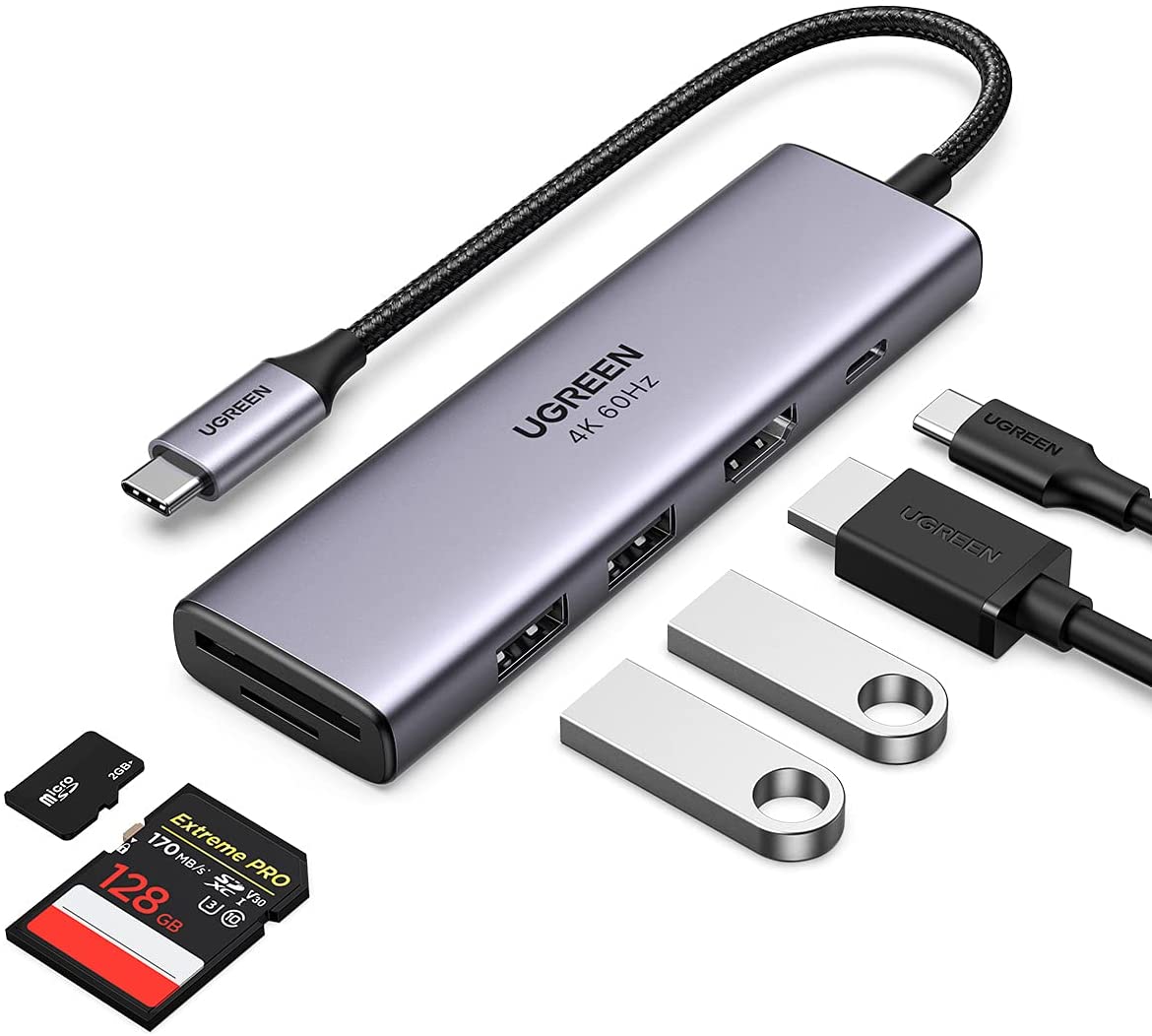 60384 Разветвитель портов Ugreen CM512 USB-C - 2xUSB 3.0 + HDMI 4K60Hz + SD/MicroSD + PD 100W. Цвет- серый от prem.by 