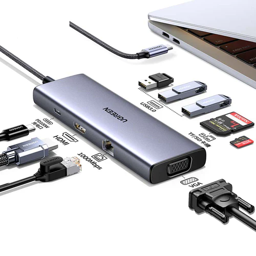 15600 Разветвитель портов Ugreen CM498 3*USB 3.0 A + HDMI + VGA+ RJ45 (Gigabit) + SD/TF + PD