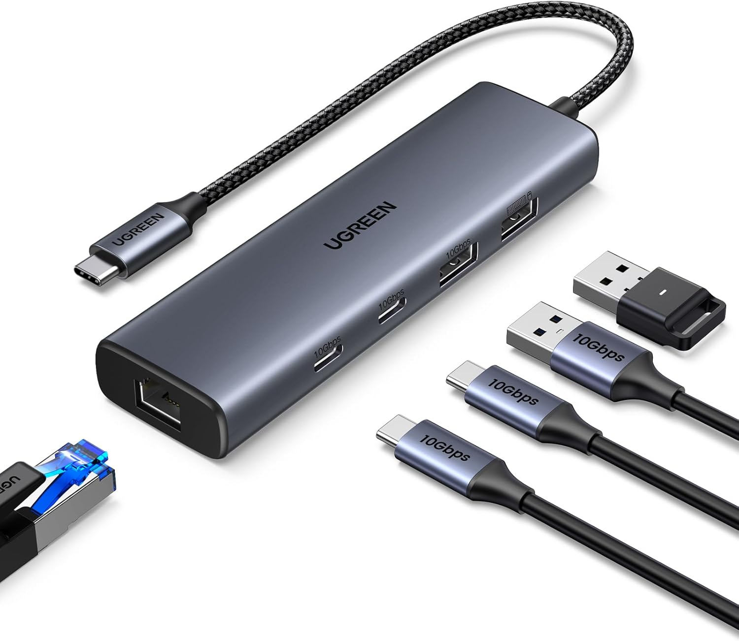 45320 Хаб UGREEN CM512 USB 3.2 C to USB-A 3.2+USB-A 2.0+2* USB-C 3.2 Converter + Gigabit with USB-C Power Port. Цвет: серый
