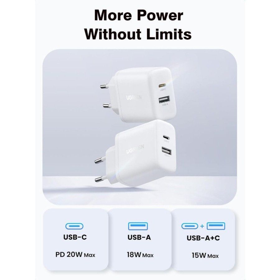 45310 Сетевое зарядное устройство UGREEN X227 20W USB-A+USB-C PD Charger EU. Цвет: белый