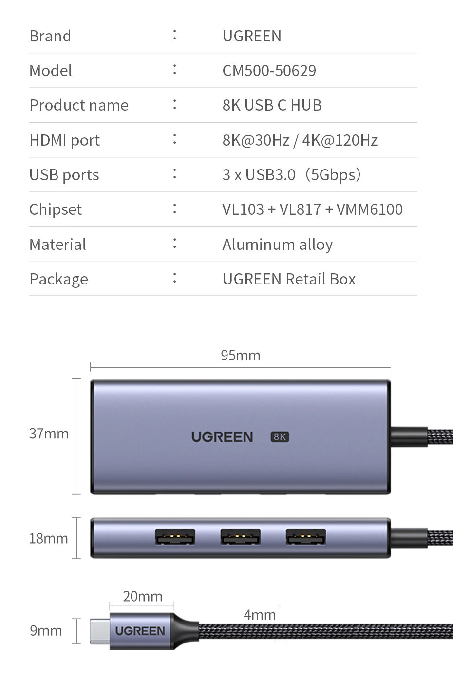 50629 Конвертор сигнала Ugreen CM500 (Type-C - HDMI 8K 30Hz, 3xUSB 3.0, Type-C PD. Цвет- серый. от prem.by 