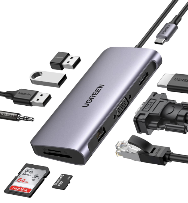 80133 Разветвитель портов Ugreen CM179 USB-C - 3*USB 3.0 A+HDMI+VGA+RJ45 Gigabit+SD/TF+AUX3.5mm+PD от prem.by 
