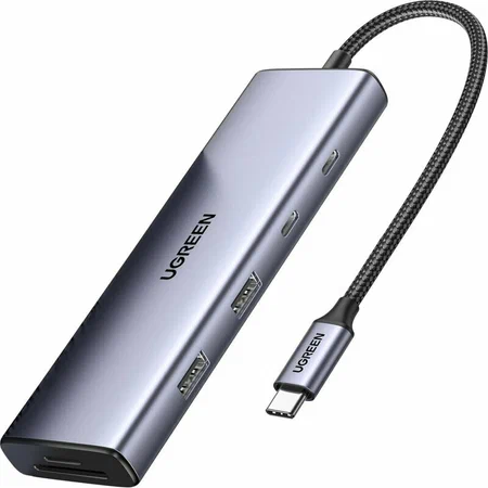 15375 Конвертер UGREEN CM498 (15375) USB-C to 2*USB3.0+2*USB-C+HDMI+RJ45+SD&TF +PD port Converter. Цвет: серый