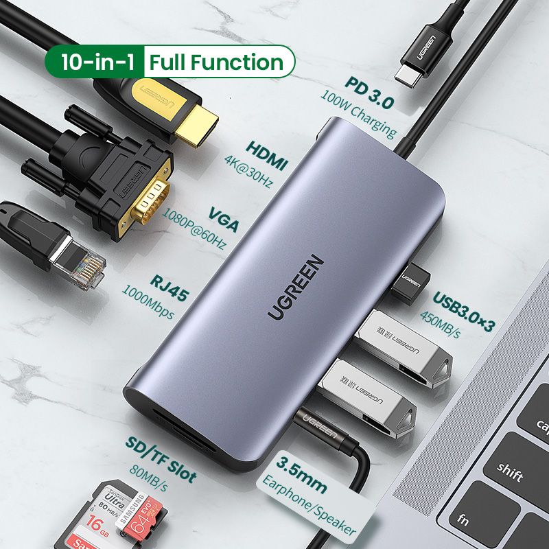 80133 Разветвитель портов Ugreen CM179 USB-C - 3*USB 3.0 A+HDMI+VGA+RJ45 Gigabit+SD/TF+AUX3.5mm+PD от prem.by 
