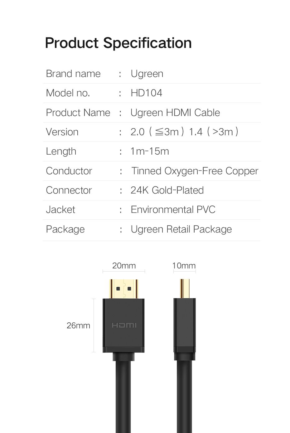 Кабель Ugreen HD104 HDMI - HDMI (папа - папа), v.1.4, цвет- чёрный, длина - 8м от prem.by 