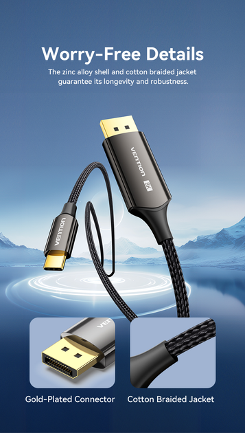 CRFBF Кабель Cotton Braided 8K Bi-Directional USB-C Male to DisplayPort Male Cable 1M Black Zinc Alloy Type