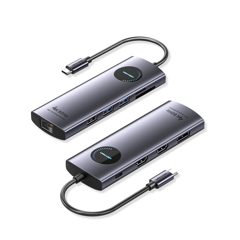 TQWHB Хаб Vention USB-C - DP(4К60Hz)/HDMI(4К60Hz) x 2/USB 3.0 x 2/USB 2.0/RJ45/SD/TF/PD MST длина: 0.15м, цвет: серый