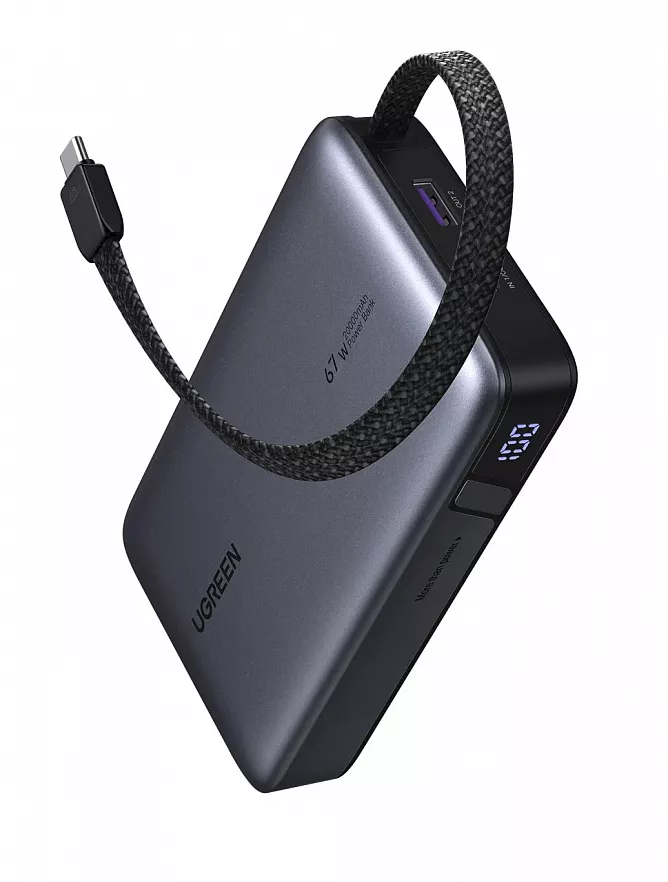 85166B Внешний аккумулятор UGREEN PB550 67W Power Bank 20000mAh USB-C&USB-A со встроенным кабелем (ССС). Цвет: серый космос
