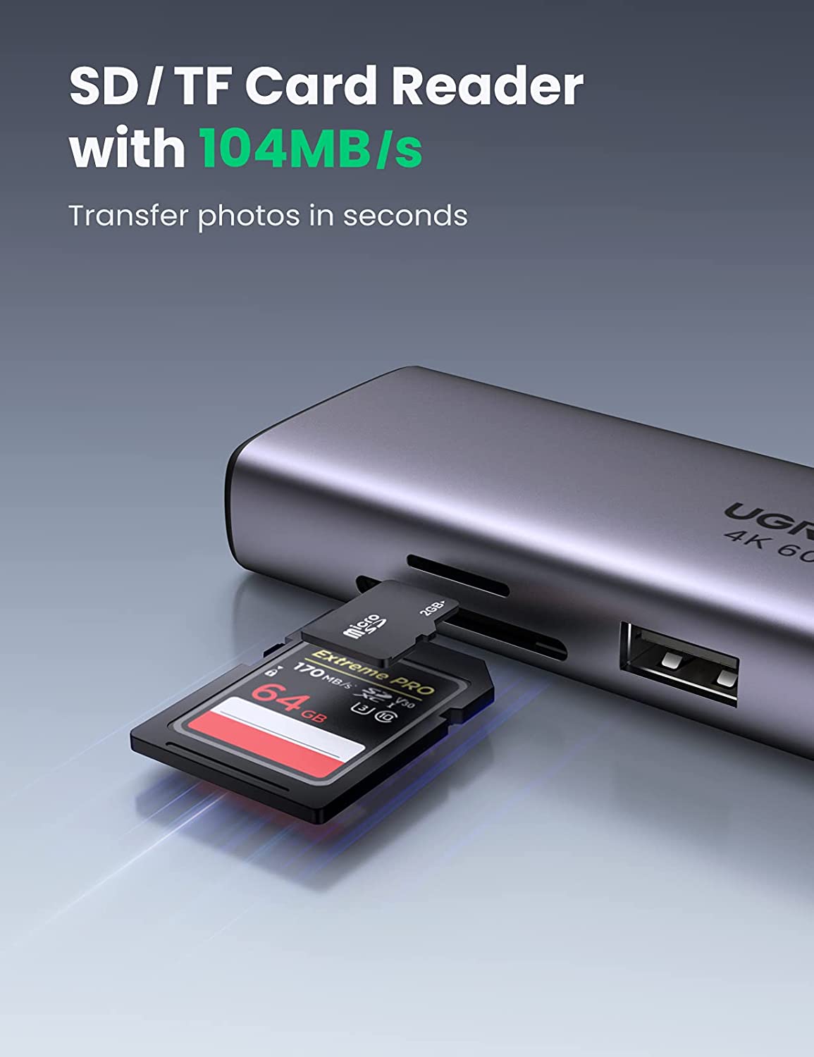 60515 Разветвитель портов Ugreen CM512 USB-C - 2xUSB 3.0 + HDMI 4K60Hz + RJ45 + SD/MicroSD + PD 100W. Цвет- серый от prem.by 