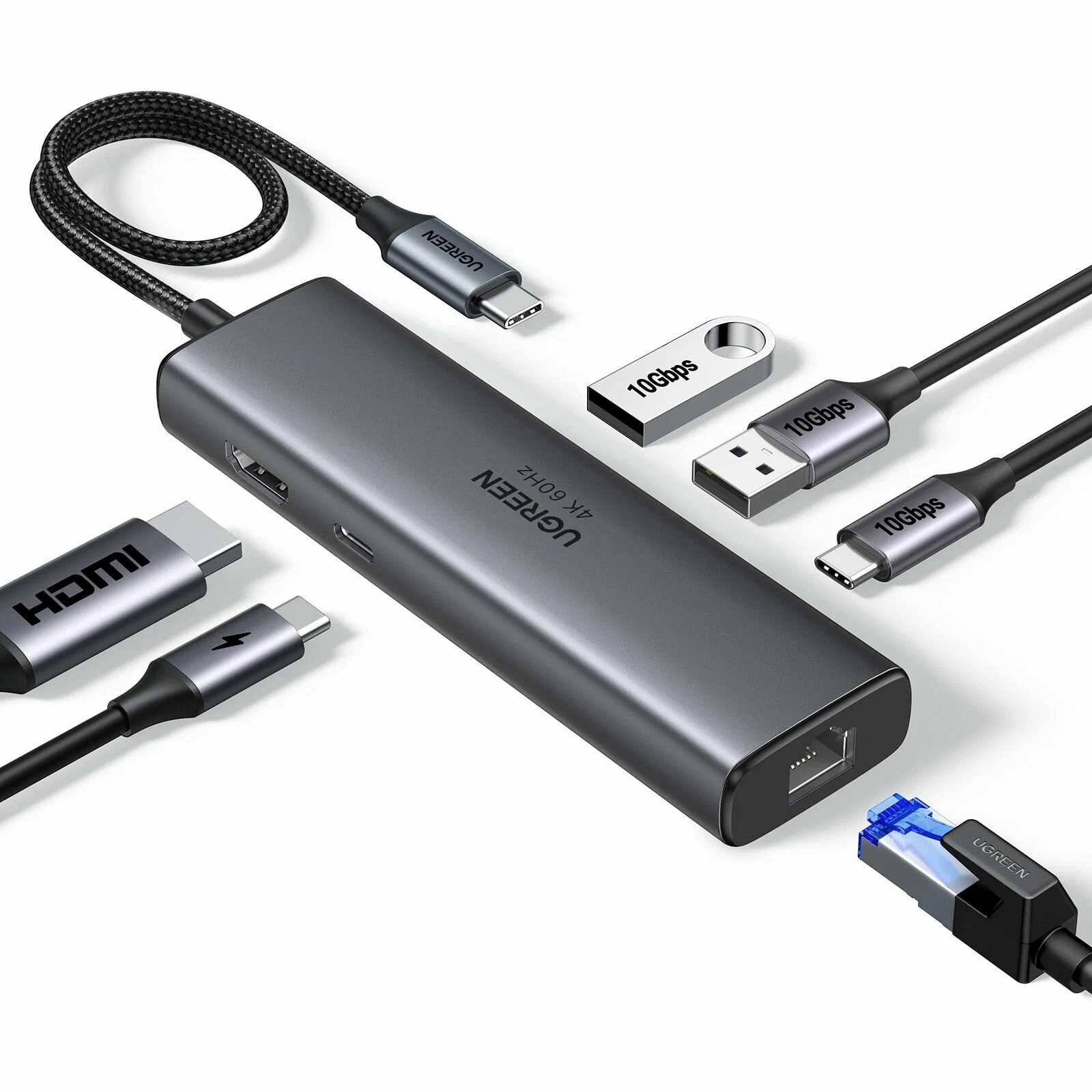 45000 Разветвитель UGREEN CM512 USB-C to HDMI+2*USB 3.2 A+1*USB 3.2 C+RJ45+PD Power Converter. Цвет: серый