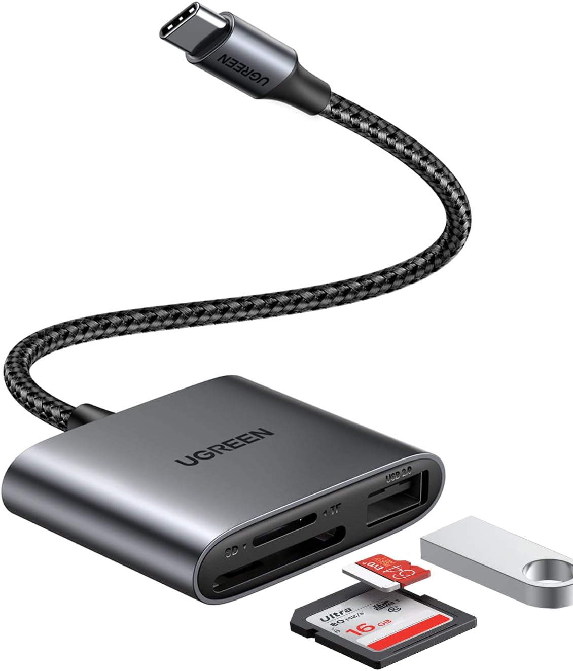 80798 Картридер Ugreen CM387 USB-C to SD/TF + USB 2.0Memory Card Reader. Цвет: серый