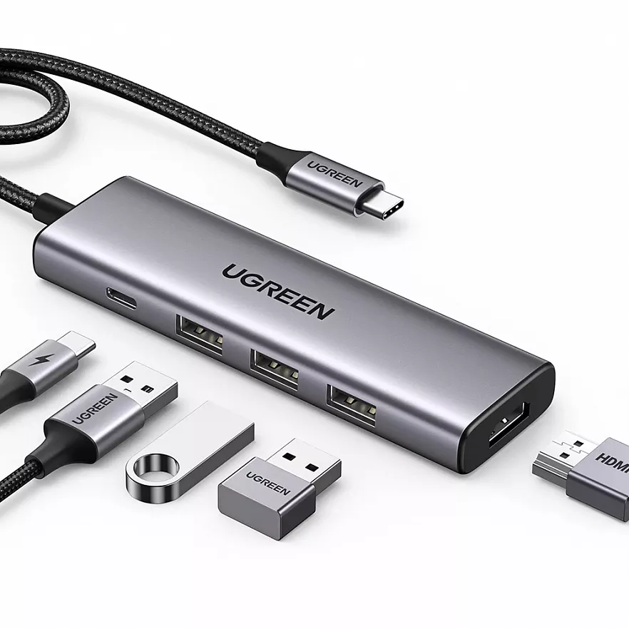 15596 Адаптер Ugreen CM511 USB-C - HDMI 4K@30Hz+3*USB 3.0 A+PD. Цвет: серый