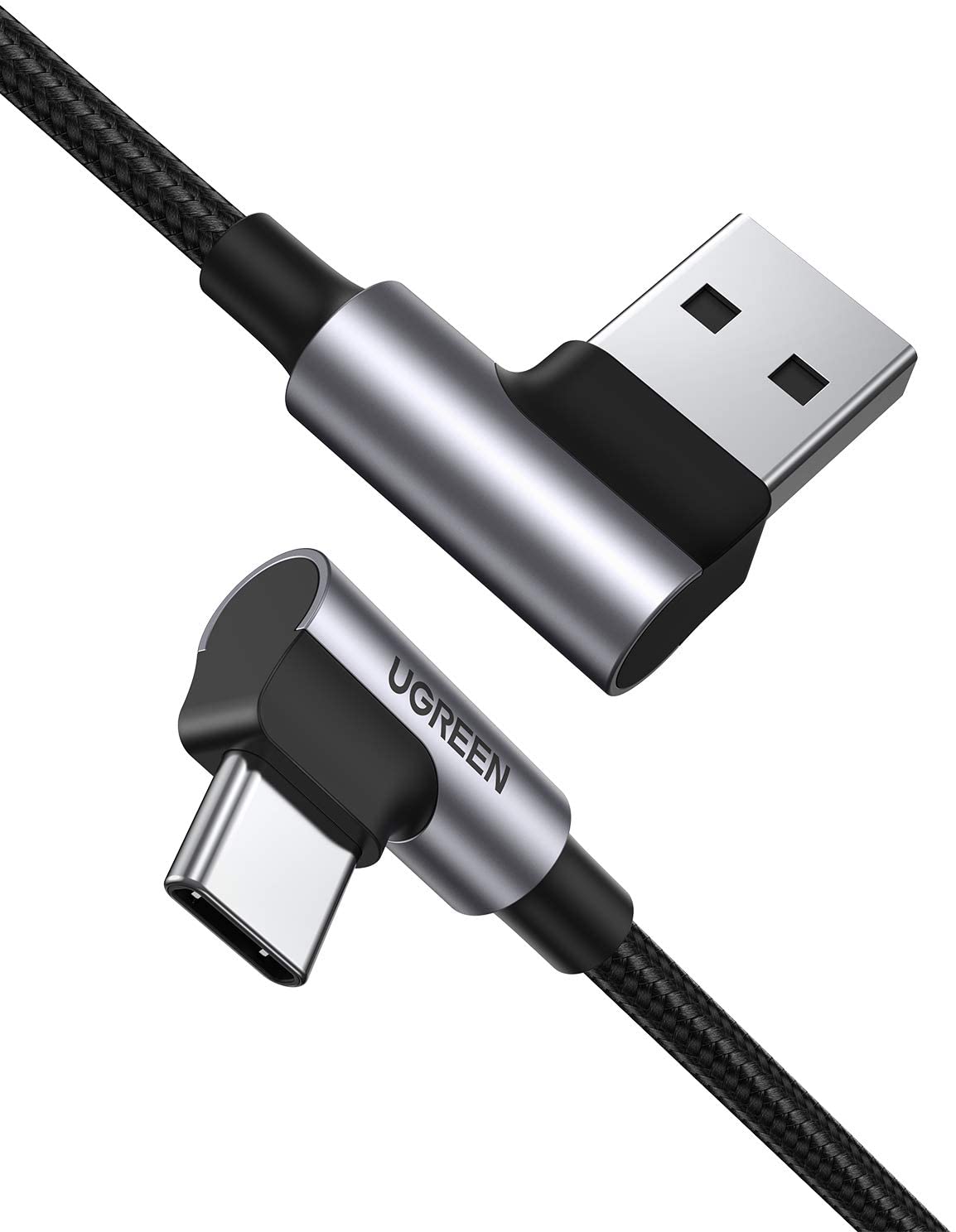 Кабель UGREEN US176 USB 2.0 - USB Type-C, угловой, оплетка, цвет -  серый/черный, длина -  1,5м