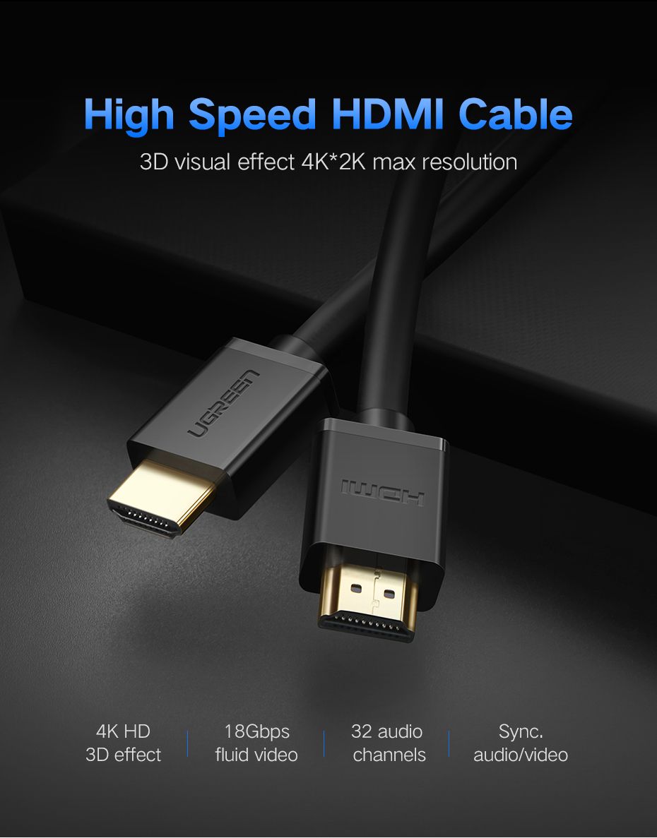 Кабель Ugreen HD104 HDMI - HDMI (папа - папа), v.1.4, цвет- чёрный, длина - 8м