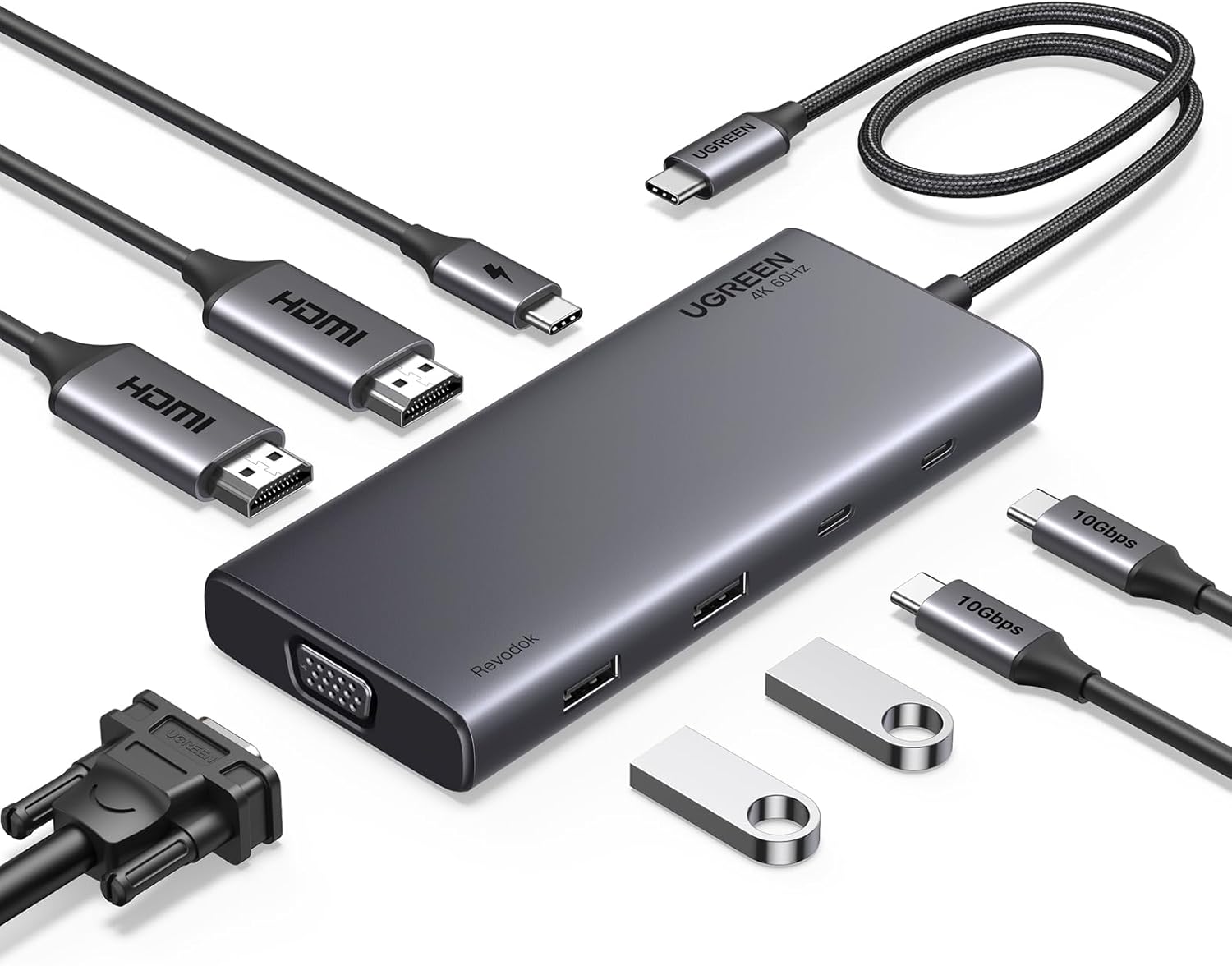 35588 Разветвитель портов UGREEN CM639 Revodok 8-in-1 4K@60Hz 2*HDMI & VGA & 2*USB-C & 2*USB-A & PD Цвет: серый