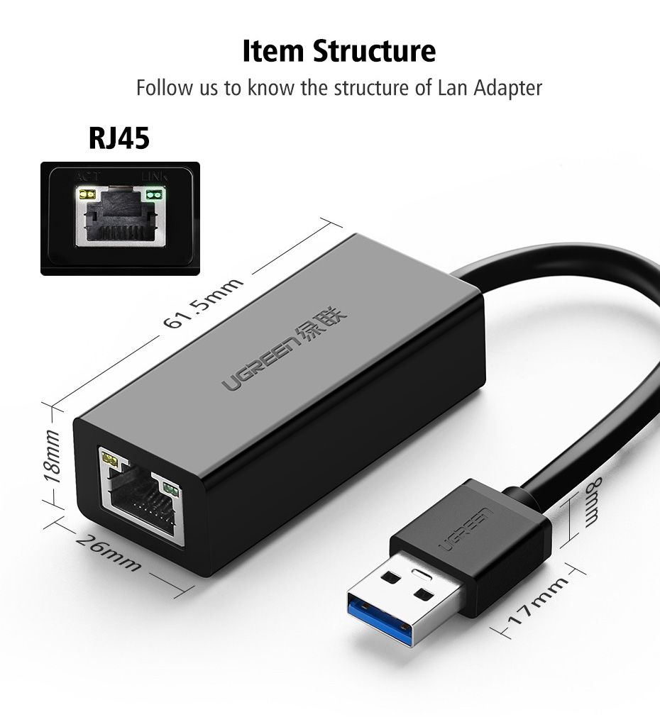 20256 Конвертер сигнала Ugreen CR111 USB3.0 - LAN 10/100/1000. Длина - 0,15м. Цвет- Черный.