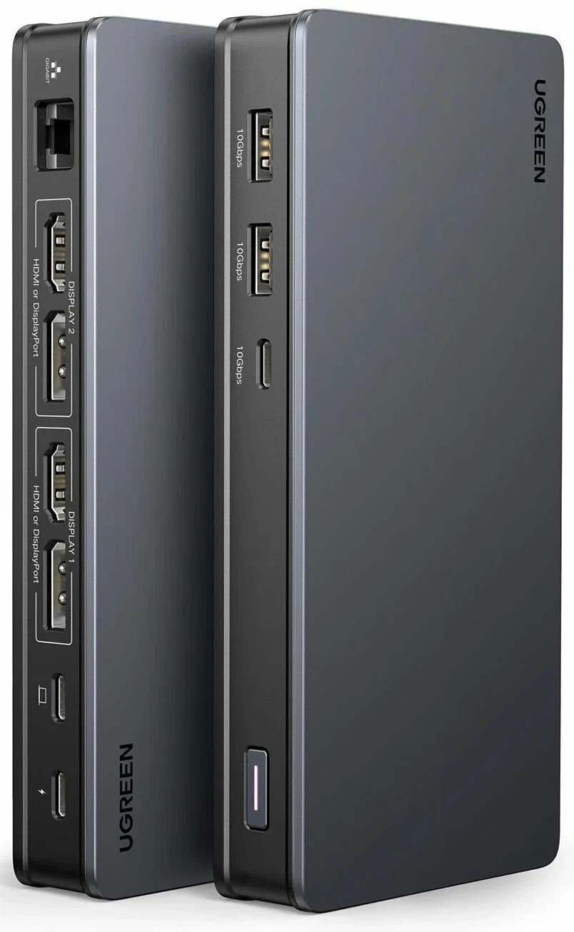 90912 Хаб UGREEN CM615 Revodok Pro 9-in-1 2*USB-A 3.1&USB-C 3.1&2*HDMI(4К60Hz)&2*DP(4К60Hz)&RJ45Gb&PD Converter. Цвет: серый