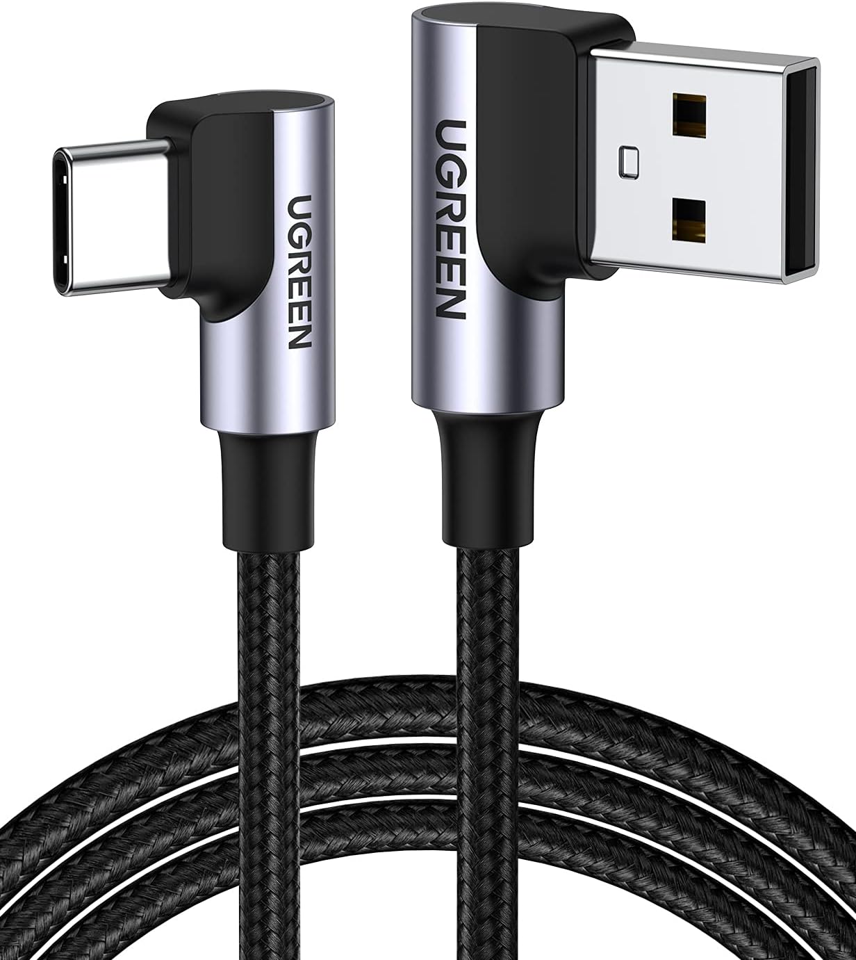 20856 Кабель UGREEN US176 USB 2.0 - USB Type-C, угловой, оплетка, цвет: черный, 1M