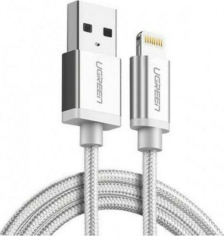  Кабель UGREEN US199 USB-Lightning, цвет: серебристо-белый,  2.4A, цвет -  серебристый, длина -  2м