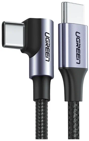 50125 Кабель угловой UGREEN US255 USB-C 2.0 Male to Angled 90° USB-C 2.0 Male 3A Data Cable. Длина: 2 м. Цвет: серо-черный