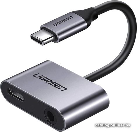 50596 Конвертер UGREEN CM193 USB-C в USB-C + 3.5mm аудио, цвет: черный+серый, 0.1M
