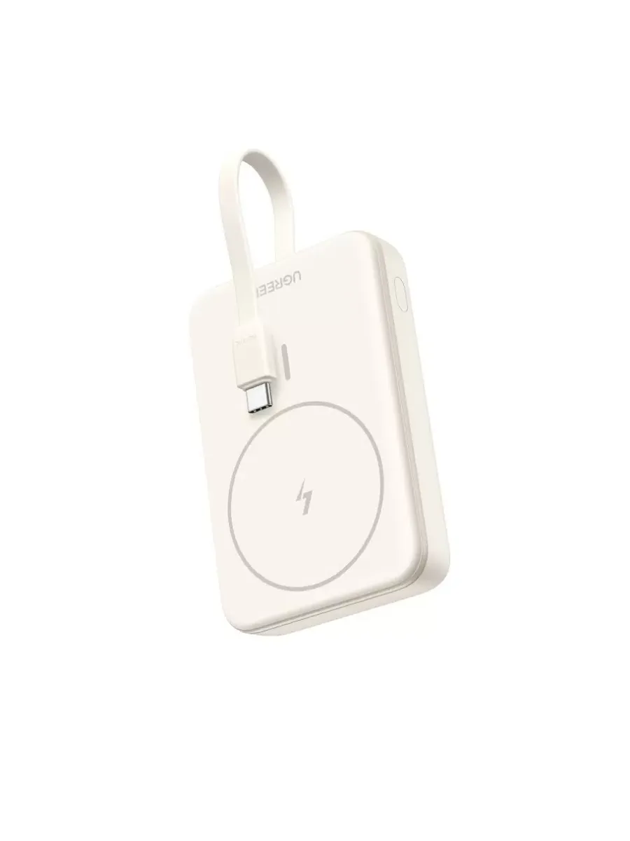 35341 Внешний аккумулятор UGREEN PB760 10000mAh MIni Magnetic Wireless 20W Power Bank со встроенным кабелем USB-C. Цвет: белый