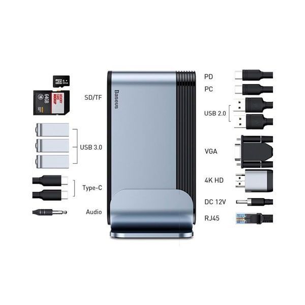CAHUB-AG0G Конвертер Baseus Working Station USB-C - Type-C+2xUSB2.0+3xUSB3.0+VGA+HDMI+RJ45+SD+TF+3.5 от prem.by 