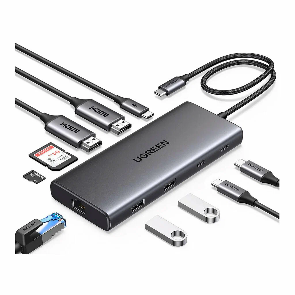 45380 Хаб UGREEN CM639 10-in-1 4K@60Hz USB-C to USB-A 3.2+USB-A 3.0+2*USB-C 3.2+2*HDMI+RJ45 Gigabit+SD&TF +PD port Converter. Цвет: серый