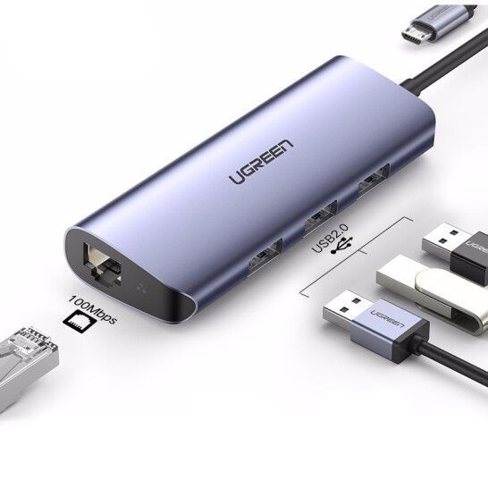 60719 Конвертер UGREEN CM252 USB-A - 3*USB 3.0, LAN (1Gbit), MicroUSB Charging