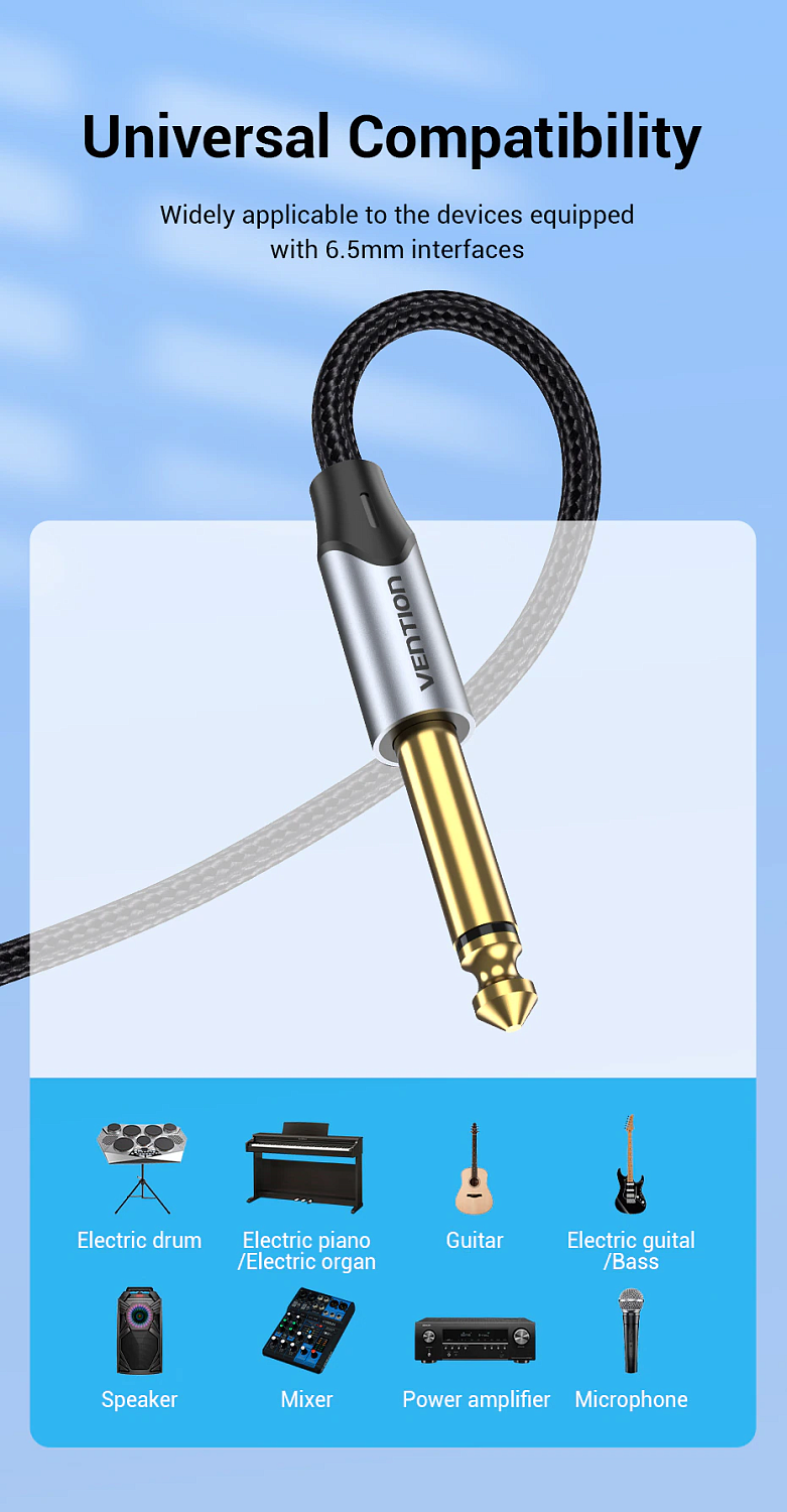 BASHL Аудио кабель 6.5мм - 6.5мм Vention длина: 10м, цвет: серый
