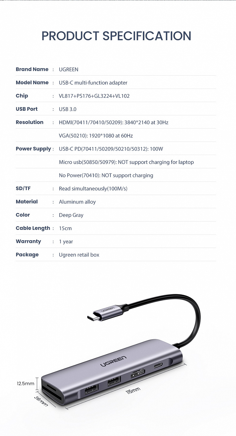 70410 Конвертер UGREEN CM195 Type-C - 3*USB 3.0, HDMI, TF/SD от prem.by 