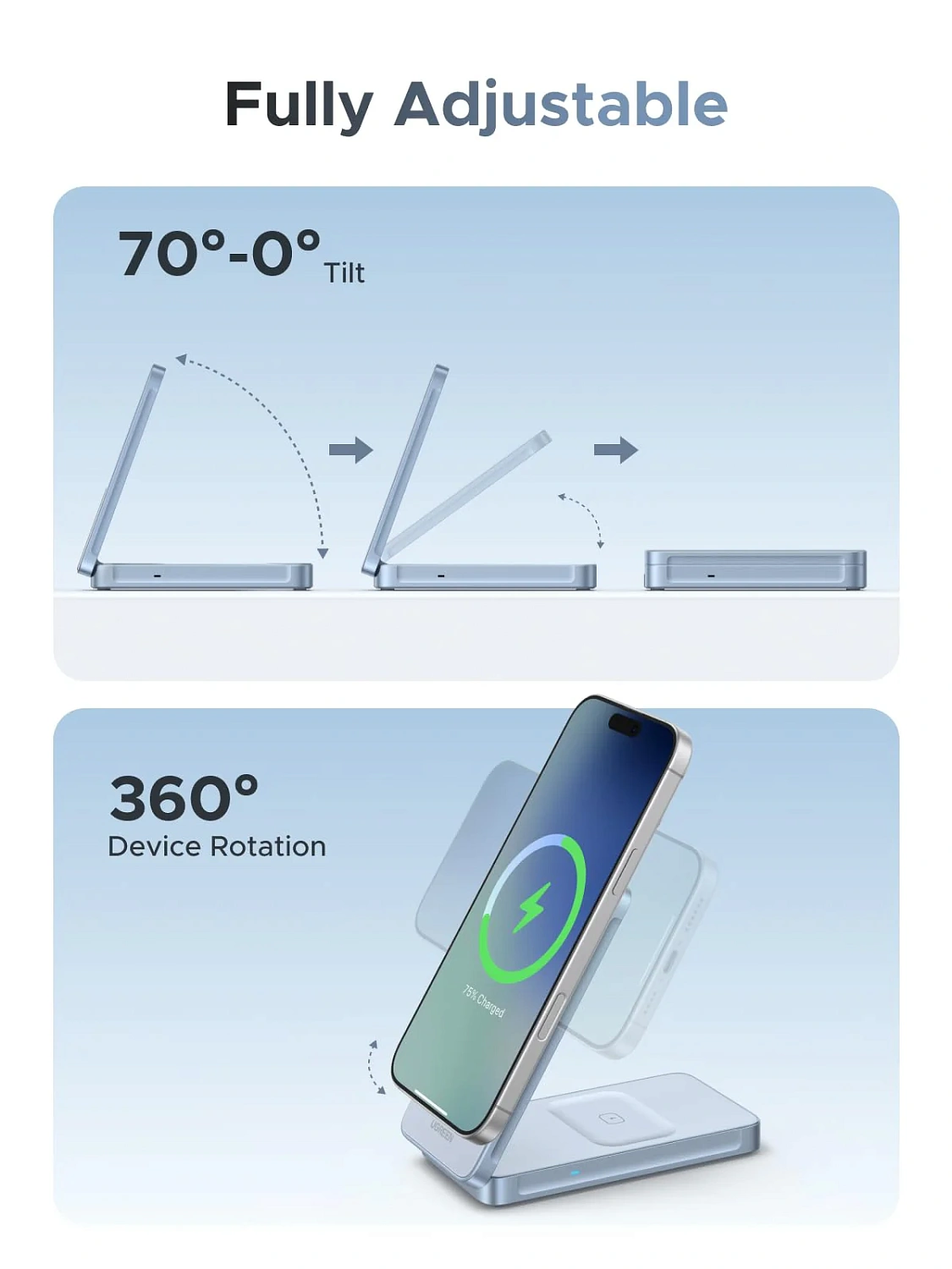55963 Беспроводное зарядное устройство UGREEN W756 "MagFlow" 25W Magnetic Qi2.2 Wireless 2-in-1 Charger. Цвет: серебристо-голубой
