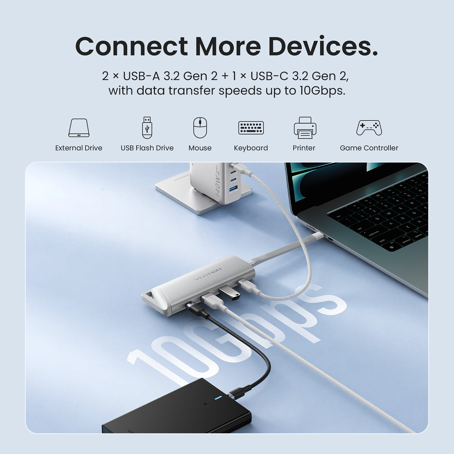 TNII0 Хаб Vention USB-C to USB 3.2 Gen 2-Ax2/USB 3.2 Gen 2-C/M.2 NVMe/PD SSD Enclosure Серебристый
