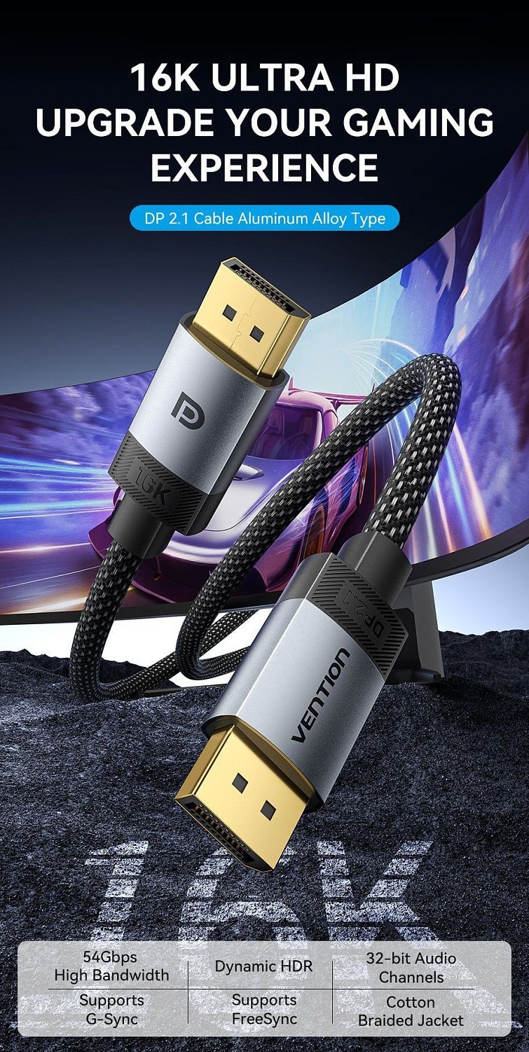 HGBHI Cotton Braided DP 2.1 Male to Male 16K HD Cable 3M Gray Aluminum Alloy Type