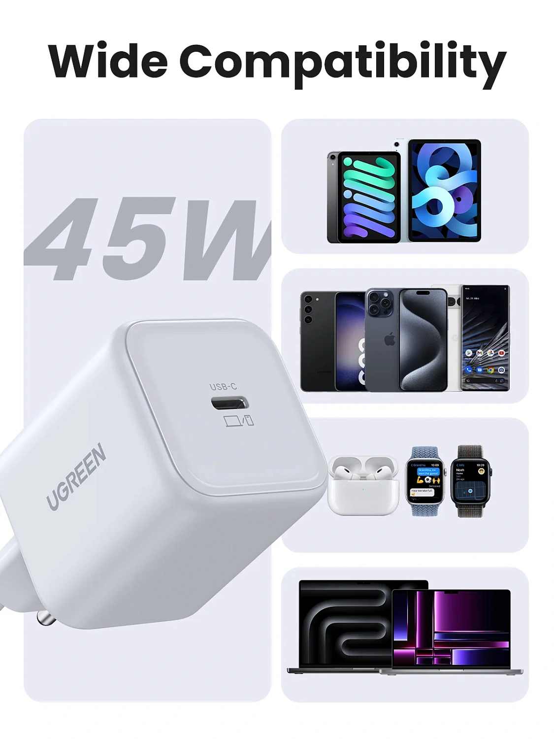 65053 Сетевое зарядное устройство UGREEN X524 45W USB-C GaN Fast Charger EU. Цвет: белый