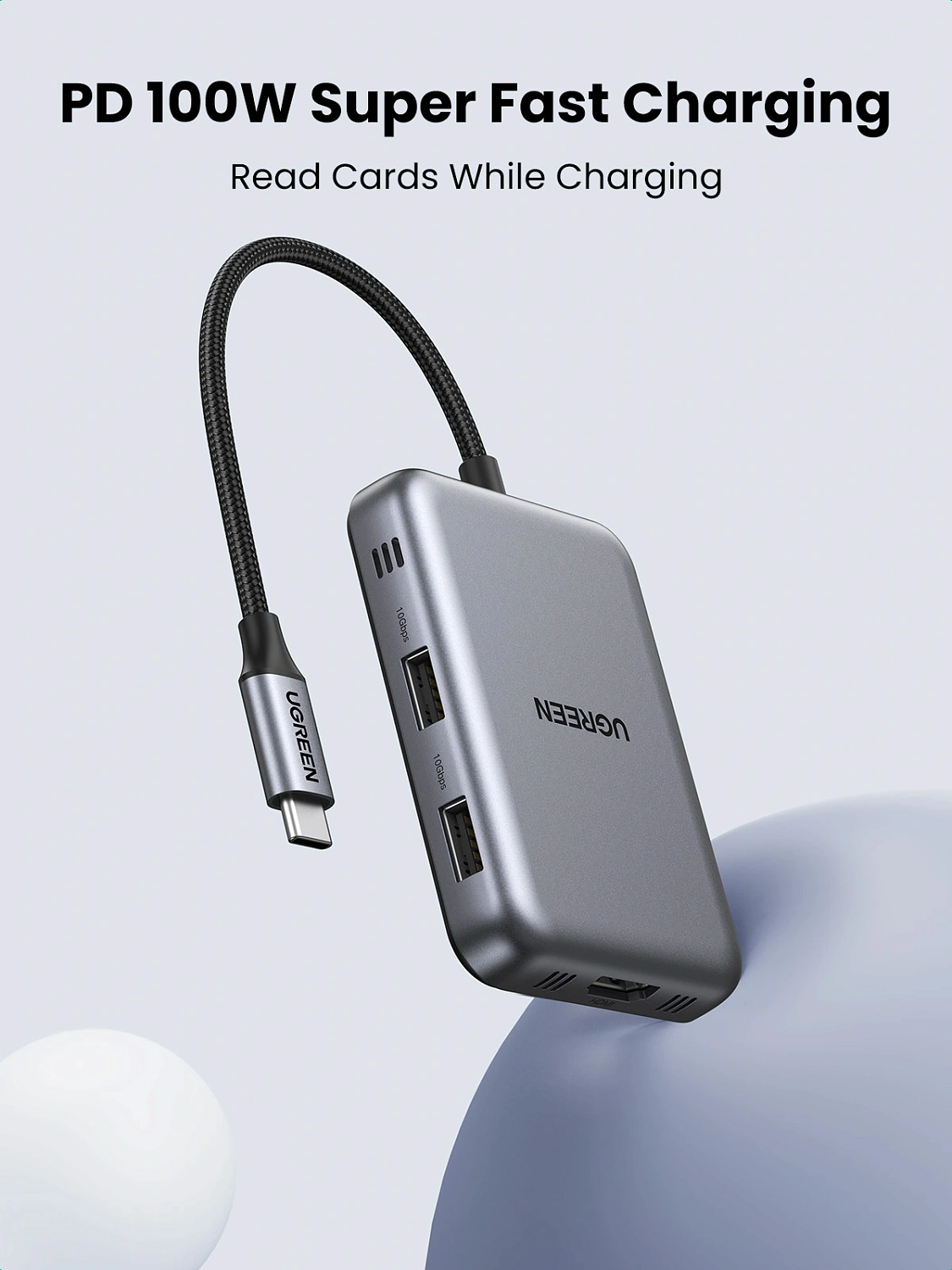 65759 Хаб 7-в-1 UGREEN CM896 7-in-1 4K@60Hz Magnetic Multifunctional USB-C Hub. Цвет: серый космос