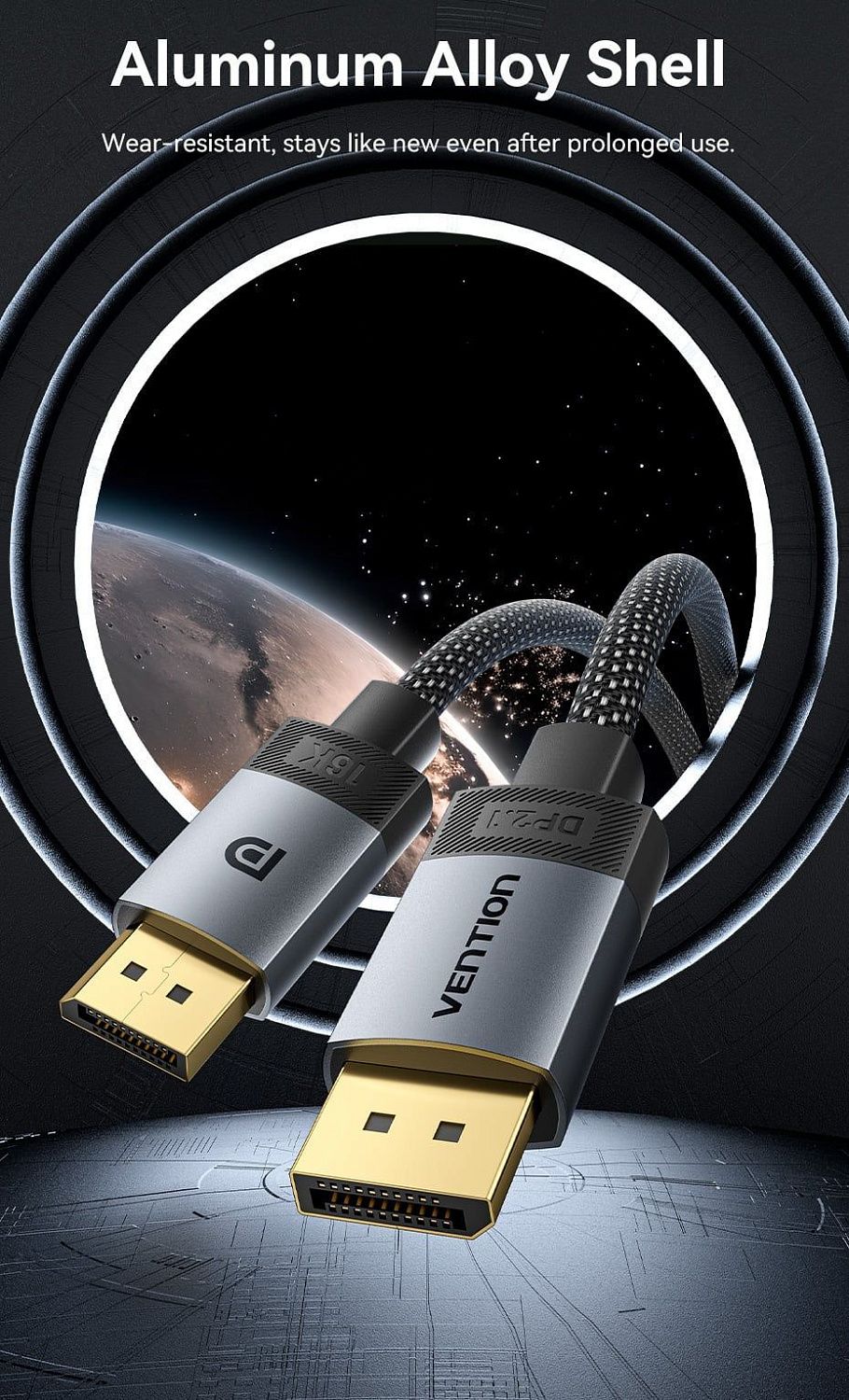 HGBHI Cotton Braided DP 2.1 Male to Male 16K HD Cable 3M Gray Aluminum Alloy Type