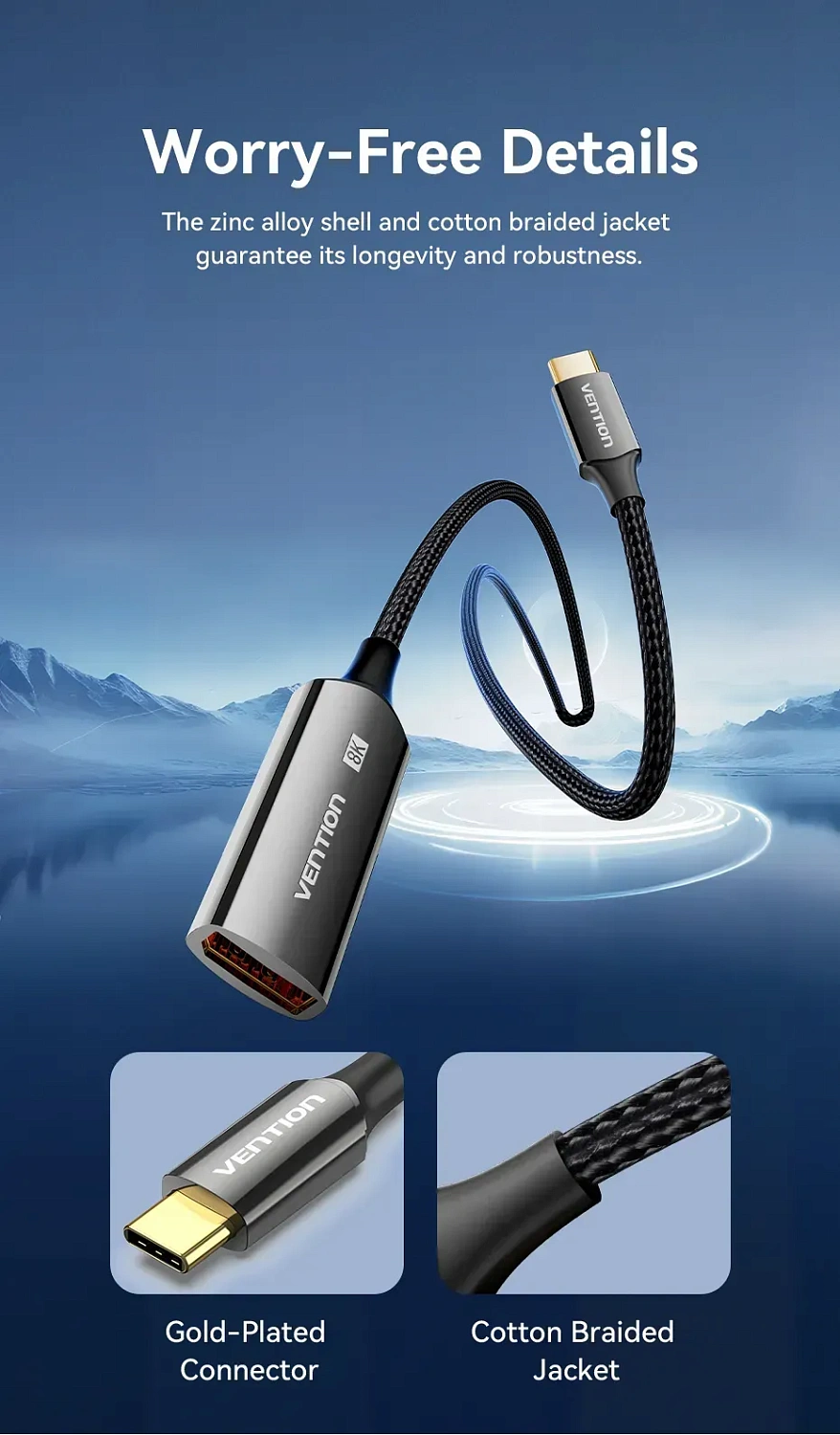 CRGBC Конвертер Cotton Braided USB-C to DP 8K Vention 0.25M Black