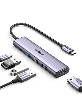 15495 Док-станция UGREEN CM478 USB-C - 2xUSB-A 2.0, USB-A 3.0, HDMI v1.4 4К 30Hz, PD 100W