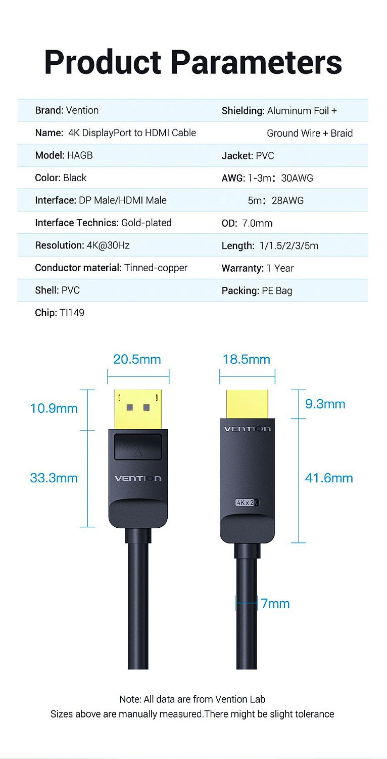 HAGBH Кабель DP - HDMI Vention, 2М цвет: черный
