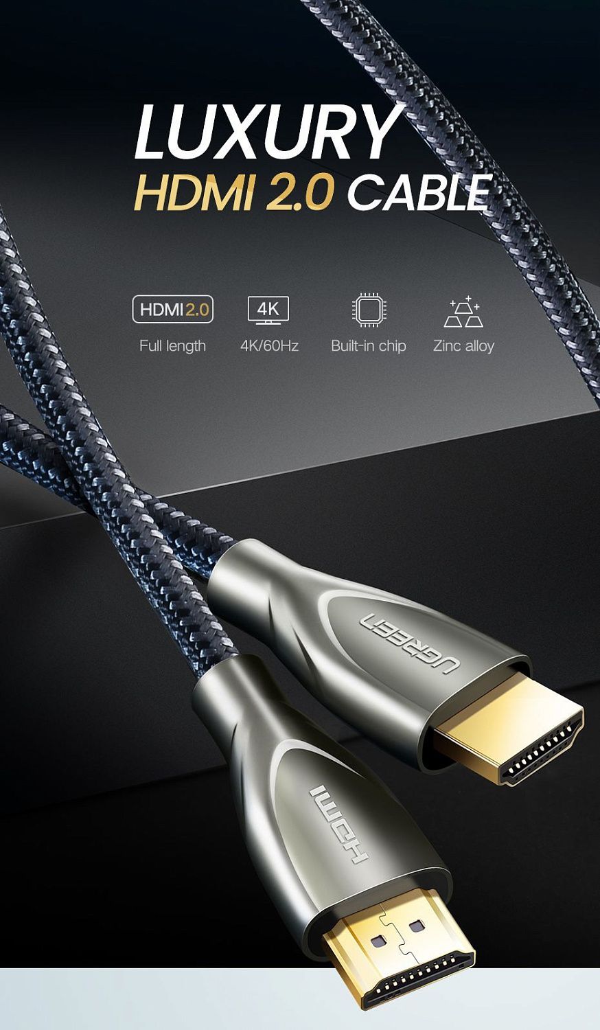 Кабель UGREEN 50108 HD131 HDMI v2.0, цвет: серый, длина - 2м