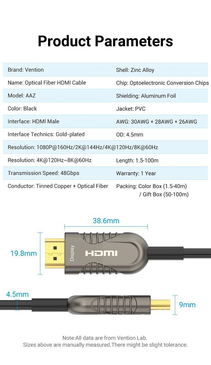 AAZBL Оптический Кабель HDMI v2.1 8K 60Hz Vention длина: 10м, цвет: черный