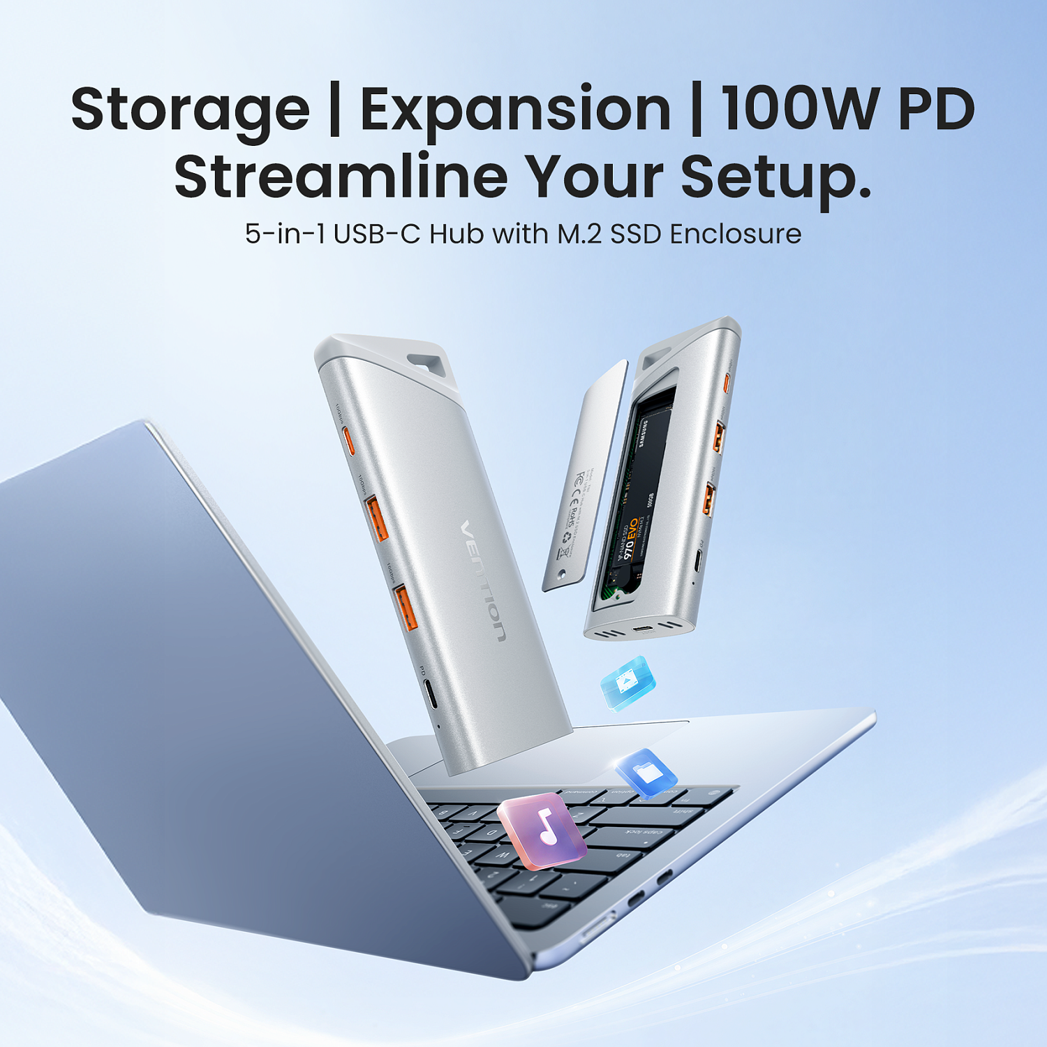 TNII0 Хаб Vention USB-C to USB 3.2 Gen 2-Ax2/USB 3.2 Gen 2-C/M.2 NVMe/PD SSD Enclosure Серебристый