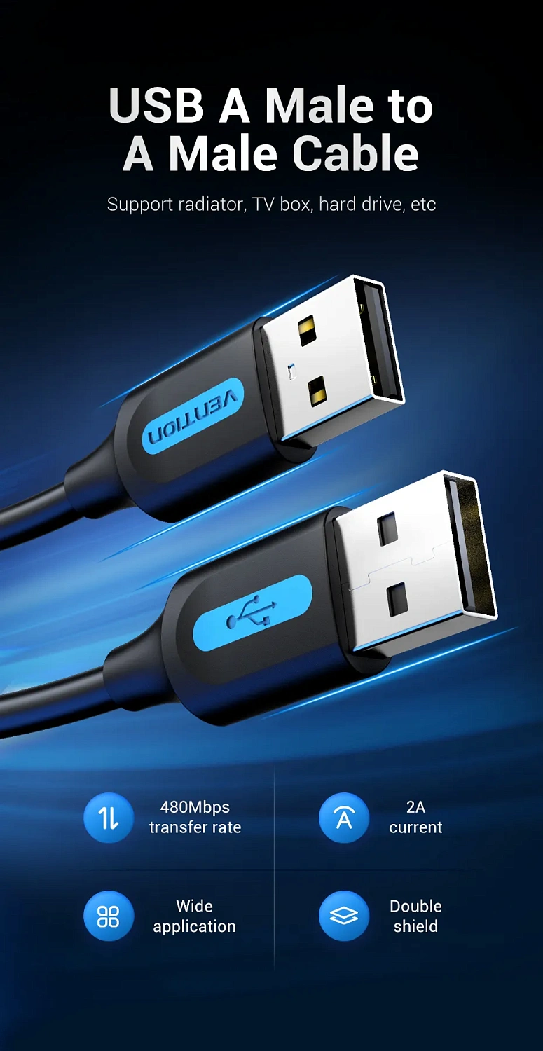 COJBH Кабель USB 2.0 A Male to A Male Cable 2M Black PVC Type