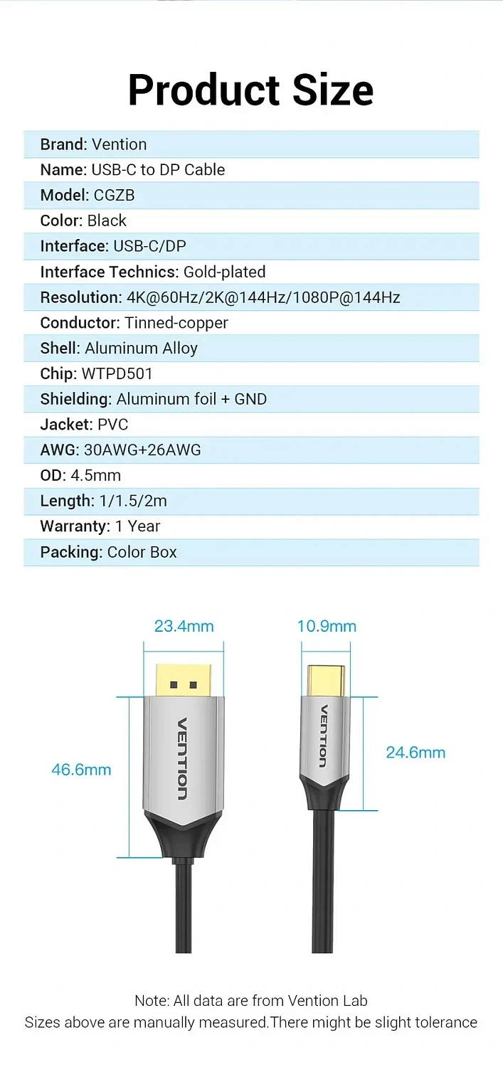 CGZBF Кабель USB-C to DP Vention 1M Black